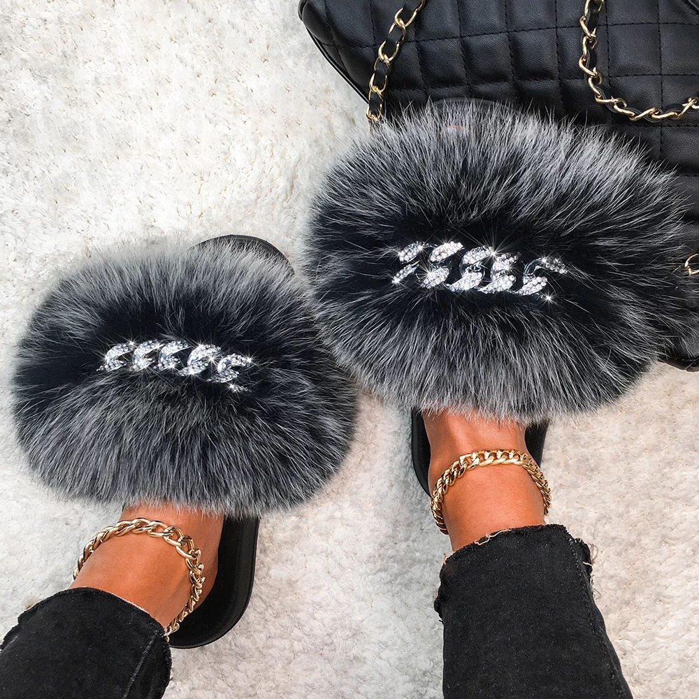 Big Fur  Furry Fur Slippers Fluffy Flip Flops Diamond Chain Real Fur Slides For Women Ladies House Slippers Beach Flat Shoes