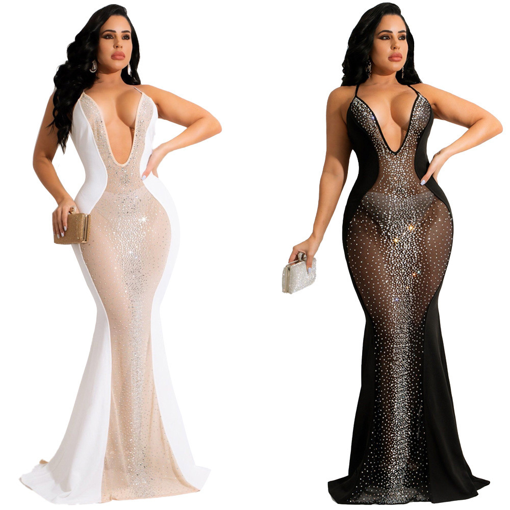 Fancy Evening Dress Party Nightclub Sparkling Crystal Rhinestone Mesh Sheer Sexy Bodycon Long Maxi Dresses