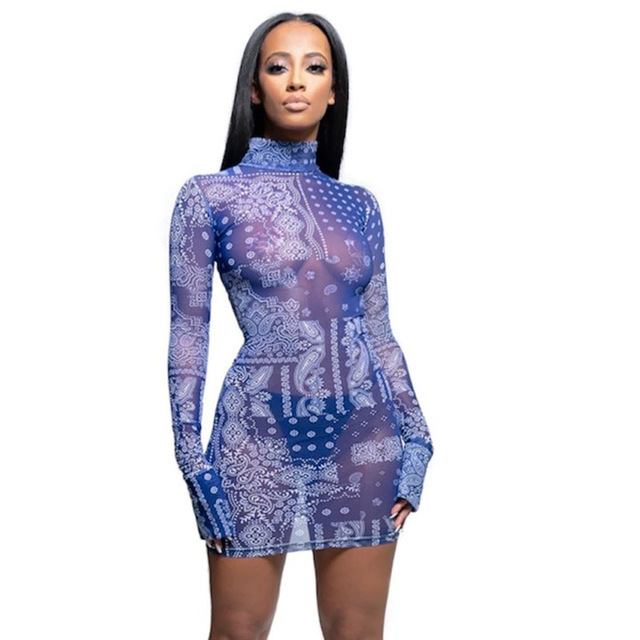 Blue Bandana Print Mesh Sheer Bodycon Dress Women Sexy Club Wear See Through Long Sleeve Mini Dresses D95-BA12