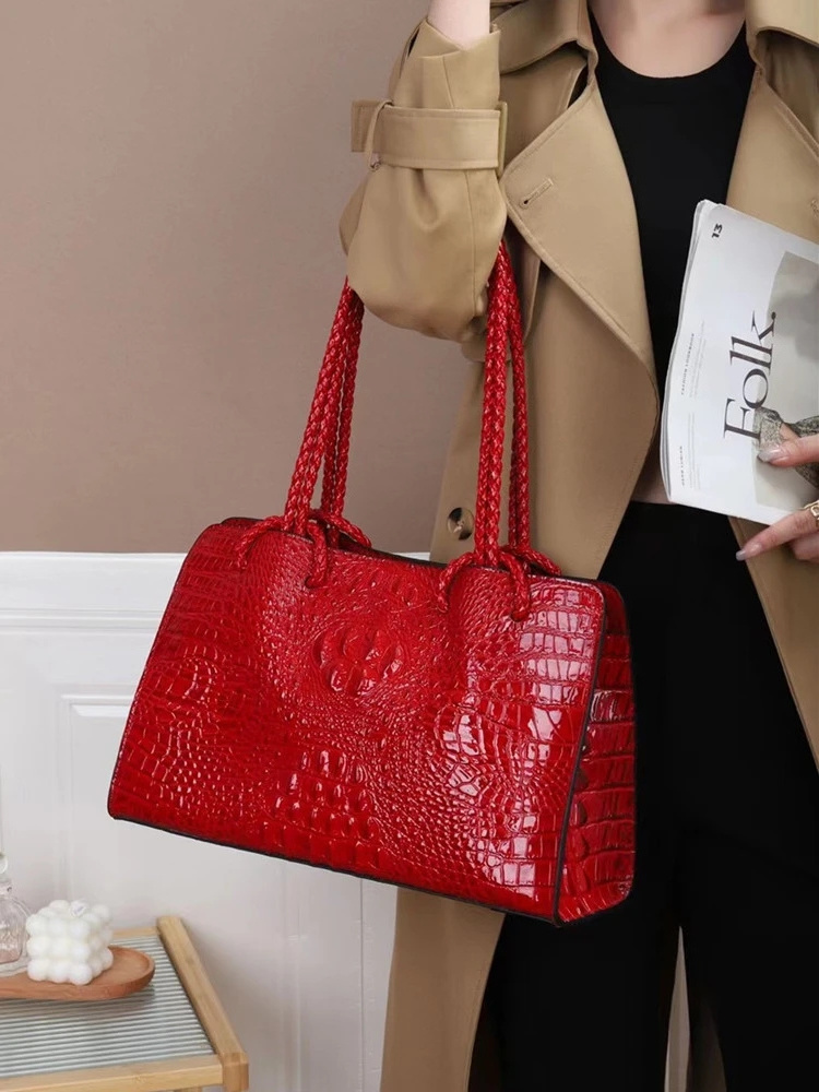 Luxury Genuine Leather Women's Bag Red Crocodile Pattern Ladies Handbags Tote Bag Fashion Travel Portable Shoulder Underarm Bags