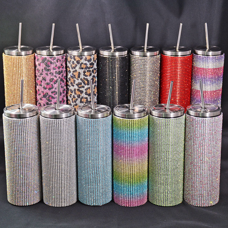 Wholesale 20oz luxury double wall vacuum bling diamond rhinestone mug stainless steel insulated travel skinny tumblers cup