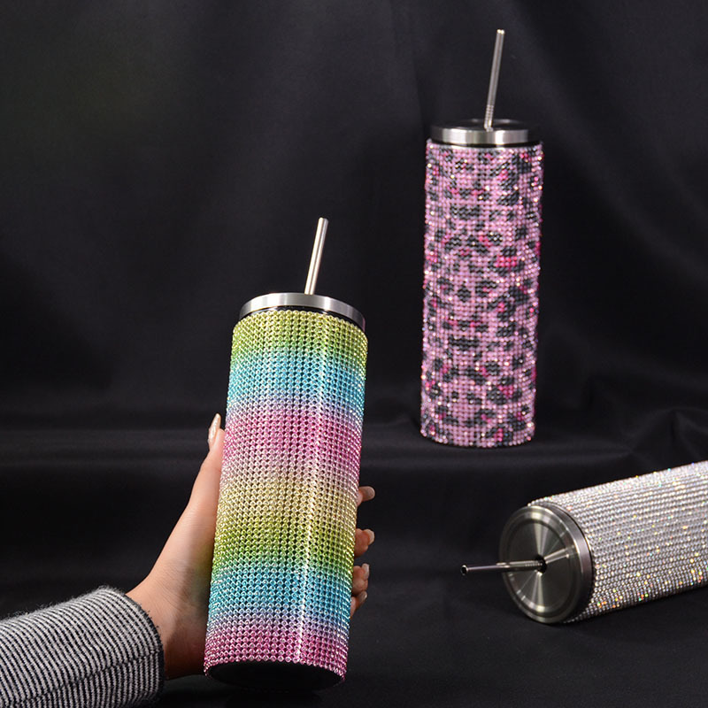 Wholesale 20oz luxury double wall vacuum bling diamond rhinestone mug stainless steel insulated travel skinny tumblers cup