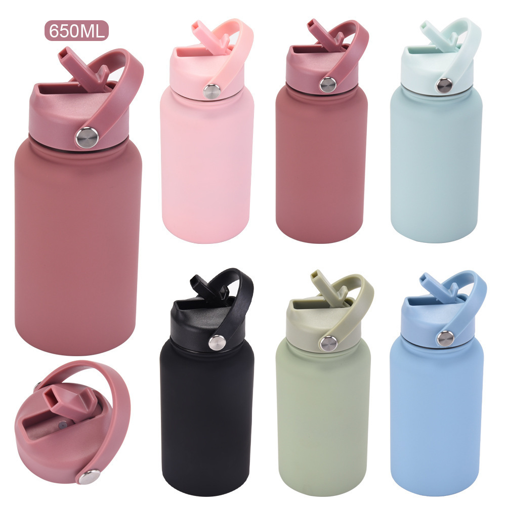 Personalized 650ml matte double wall vacuum thermos cup stainless steel insulated sports water bottle with straw/handle