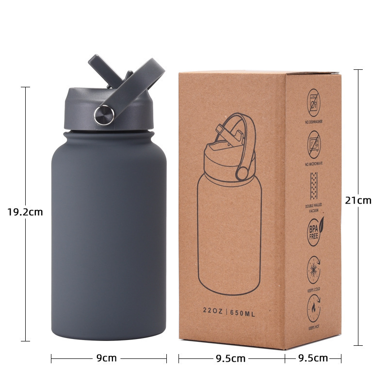 Personalized 650ml matte double wall vacuum thermos cup stainless steel insulated sports water bottle with straw/handle