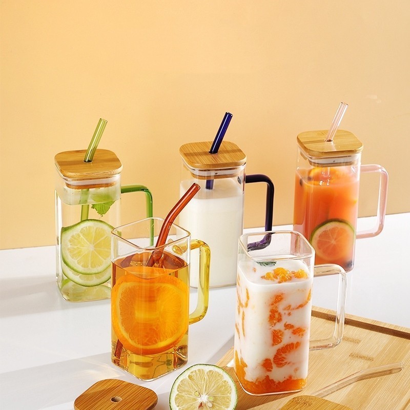 2023 new square custom 400ml clear beer boba drinking mug reusable heat resistant glass tumbler cups with colored handle