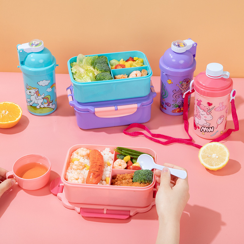 Cute boys girls 3 compartment food container bento box microwave kid school lunch box and water bottle set