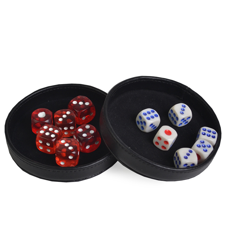 Hot Sale KTV Bar Gold Printing Dice Cups With 6pcs Dice Custom Gambling Leather and Plastic Holder Casino Wood Dice Box Supplier