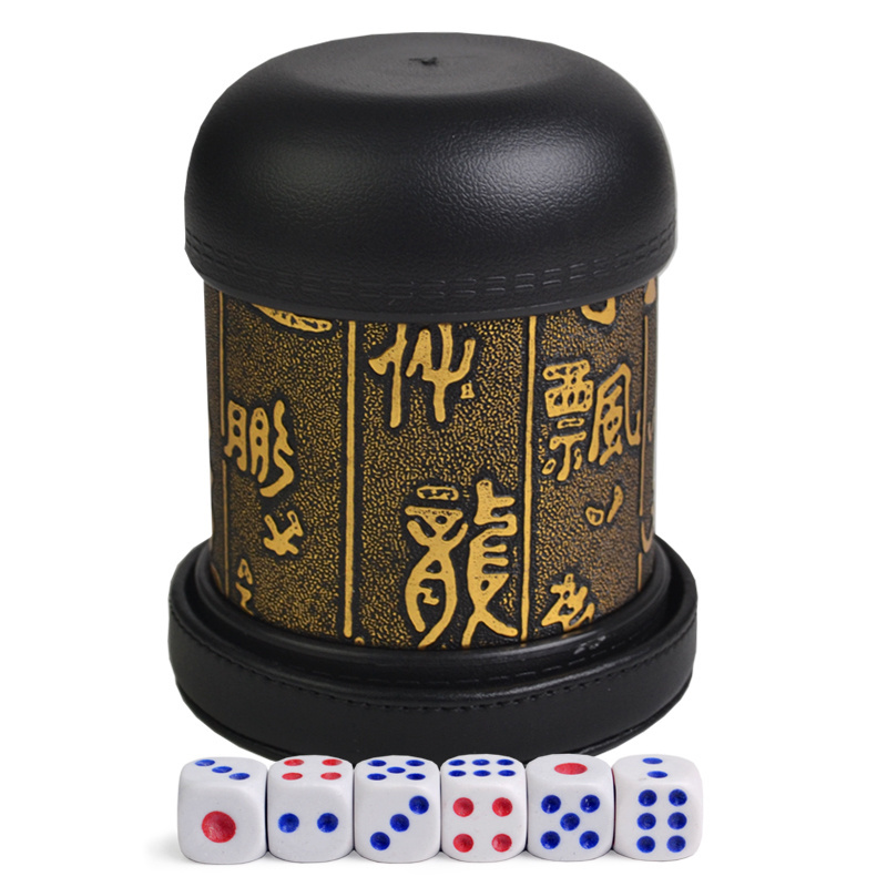 Hot Sale KTV Bar Gold Printing Dice Cups With 6pcs Dice Custom Gambling Leather and Plastic Holder Casino Wood Dice Box Supplier