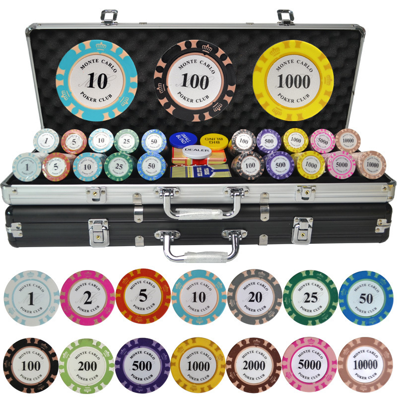 Hot Sale 100-500 pcs Clay Aluminum Suitcase Baccarat Black Jack  Metal Coins Sets + Metal Box Monte Carlo Poker Chip Set