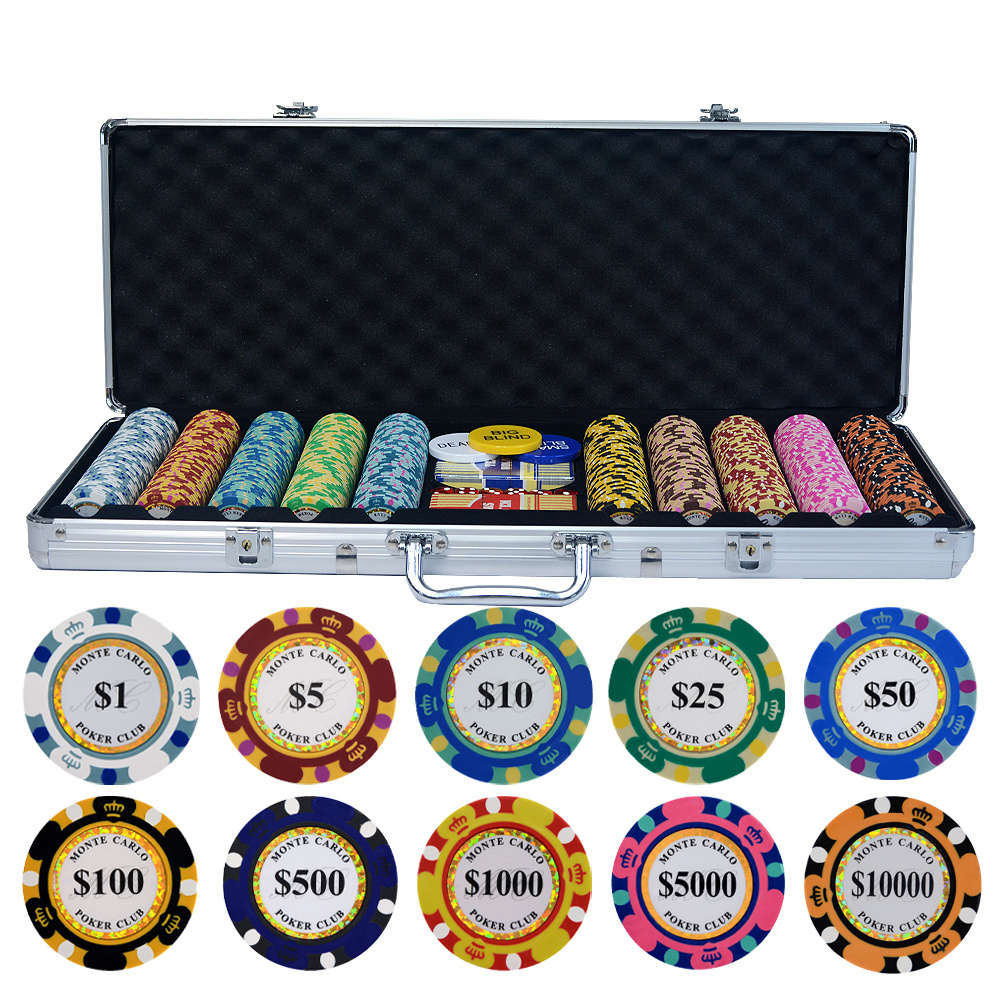 Hot Sale 500PCS/LOT Clay Chips Set with Trim Sticker Casino Crown Wheat Club Texas Hold'em Gambling Custom Poker Chips Supplier