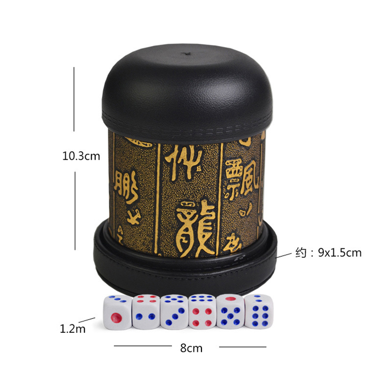 Hot Sale KTV Bar Gold Printing Dice Cups With 6pcs Dice Custom Gambling Leather and Plastic Holder Casino Wood Dice Box Supplier