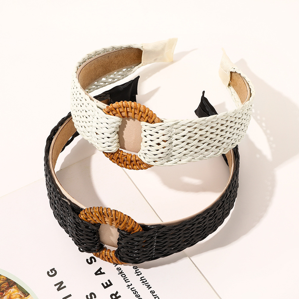 Retro bamboo buckle straw woven hollow wide brim hair hoop Korean girls fashion hair band accessories womens plain headbands