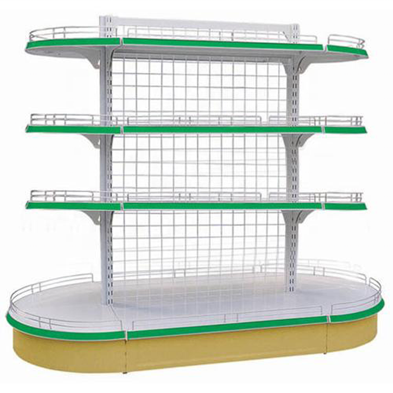 CE Standard supermarket steel structure two sides shelf with circular round head and wire mesh back panel