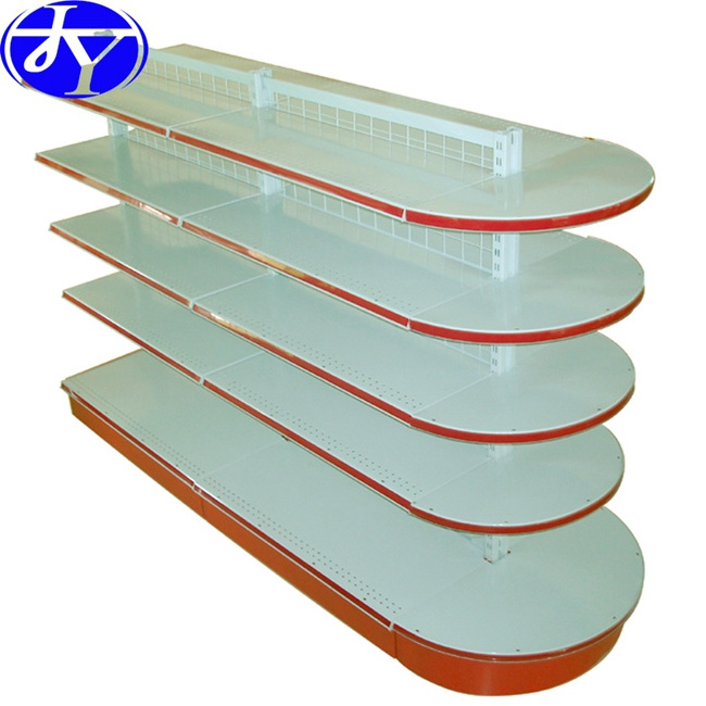 CE Standard supermarket steel structure two sides shelf with circular round head and wire mesh back panel