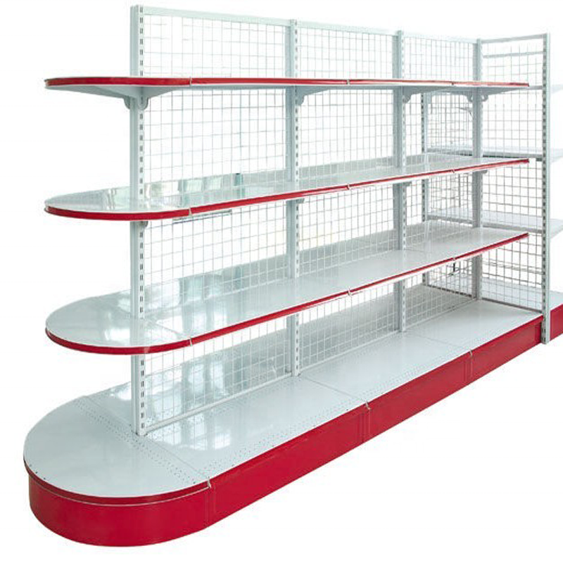 CE Standard supermarket steel structure two sides shelf with circular round head and wire mesh back panel