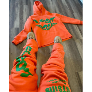 Flared Tracksuit Men Streetwear Graphic 3D Puff Print Stacked Sweatsuit Raw Hem Cut Edge Hoodie Jogger Men Sweatpants Set