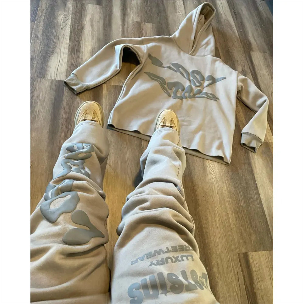 Flared Tracksuit Men Streetwear Graphic 3D Puff Print Stacked Sweatsuit Raw Hem Cut Edge Hoodie Jogger Men Sweatpants Set