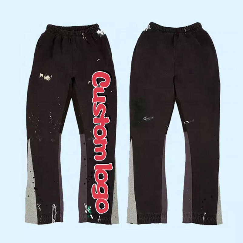 Custom puff print letter logo streetwear stacked flare sweat pants men heavyweight flared sweatpants