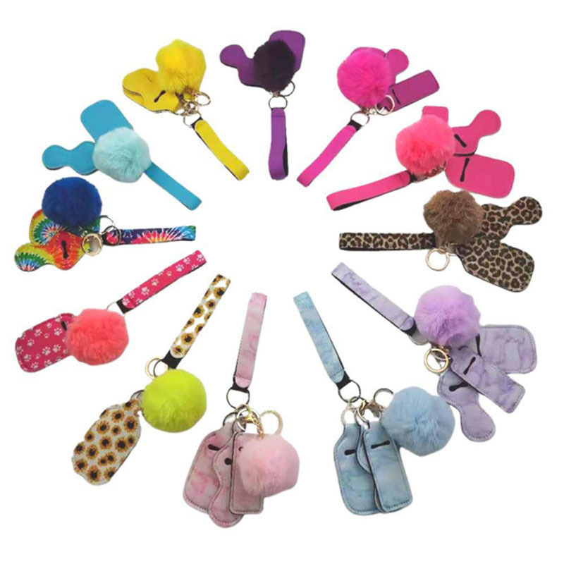 neoprene butterfly wristlet keychain set wholesale keychain accessories self defense set faux fur pom pom keychain