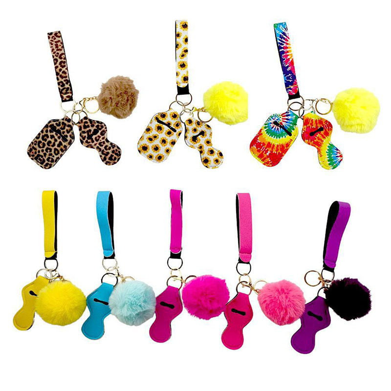 neoprene butterfly wristlet keychain set wholesale keychain accessories self defense set faux fur pom pom keychain