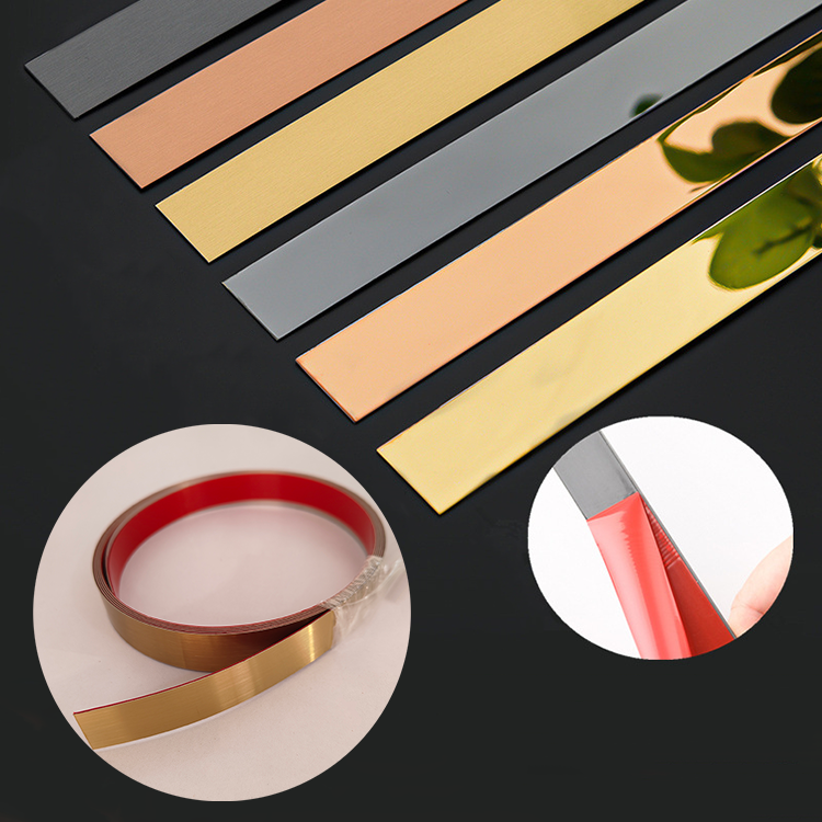 Stainless Steel Self Backed Adhesive Strips For Accessories Ceramic Edge Decoration metallic Tile Trim Mirror Brushed Gold Line