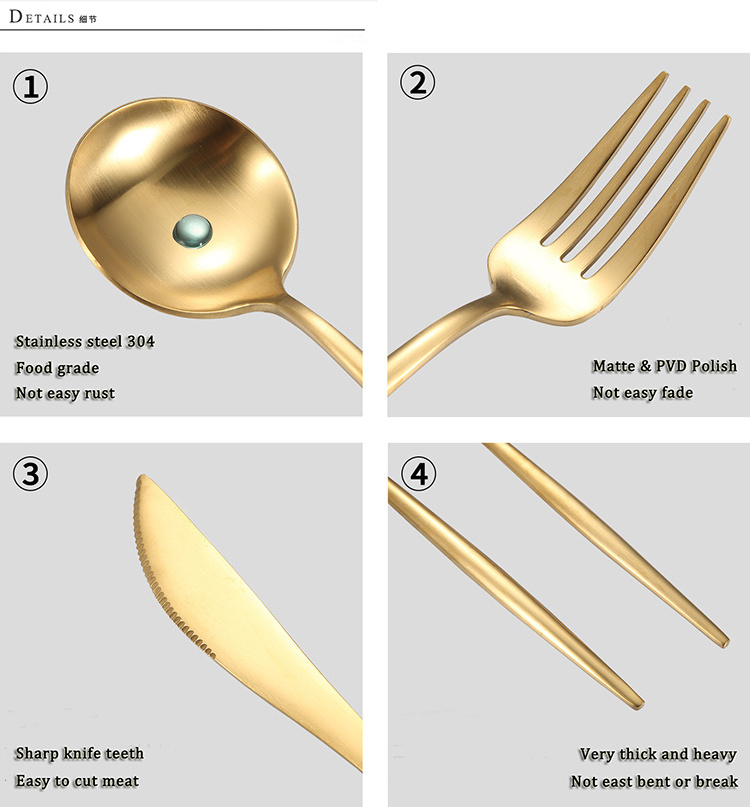 Restaurant Cafe Wedding Hotel Flatware 18/10 Stainless Steel Matte Polish Gold Cutlery Set