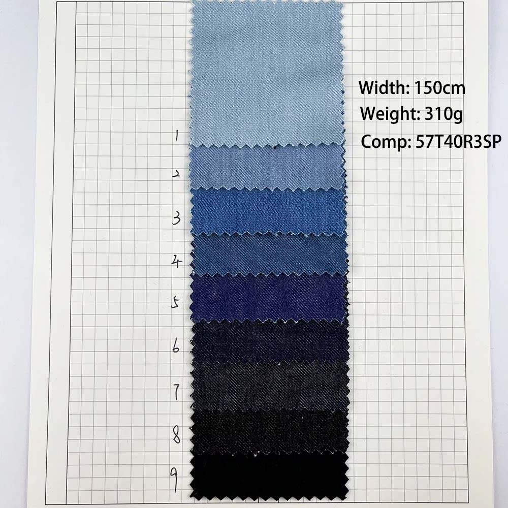 2023 Low priced plain dyed 57 polyester 40 rayon 3 spandex rayon denim spandex clothing fabric 310G