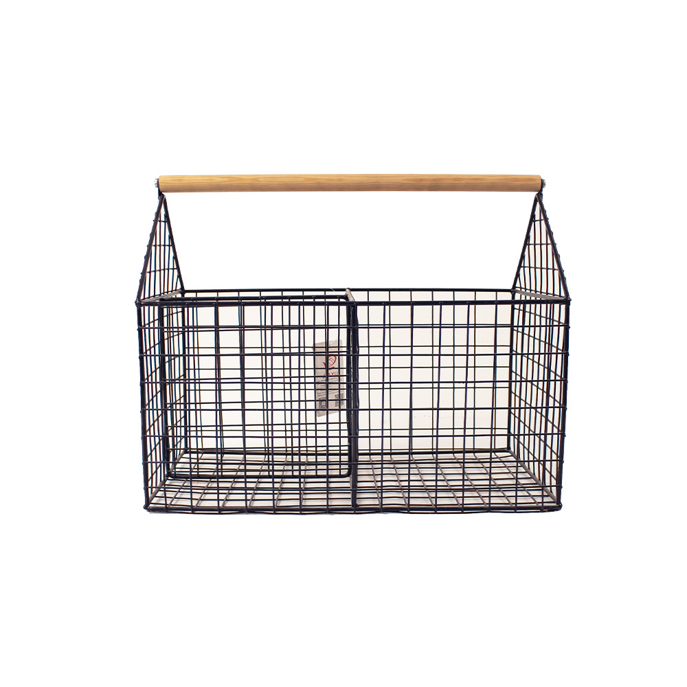 JY basket metal wire storage storage basket with handle wire mesh fruit storage basket with wooden handle