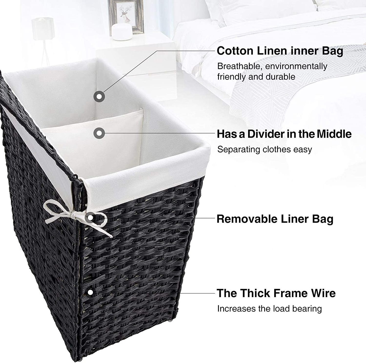 Laundry basket on wheels and 2 removable lining bags, synthetic cane laundry basket, folding, easy to install white