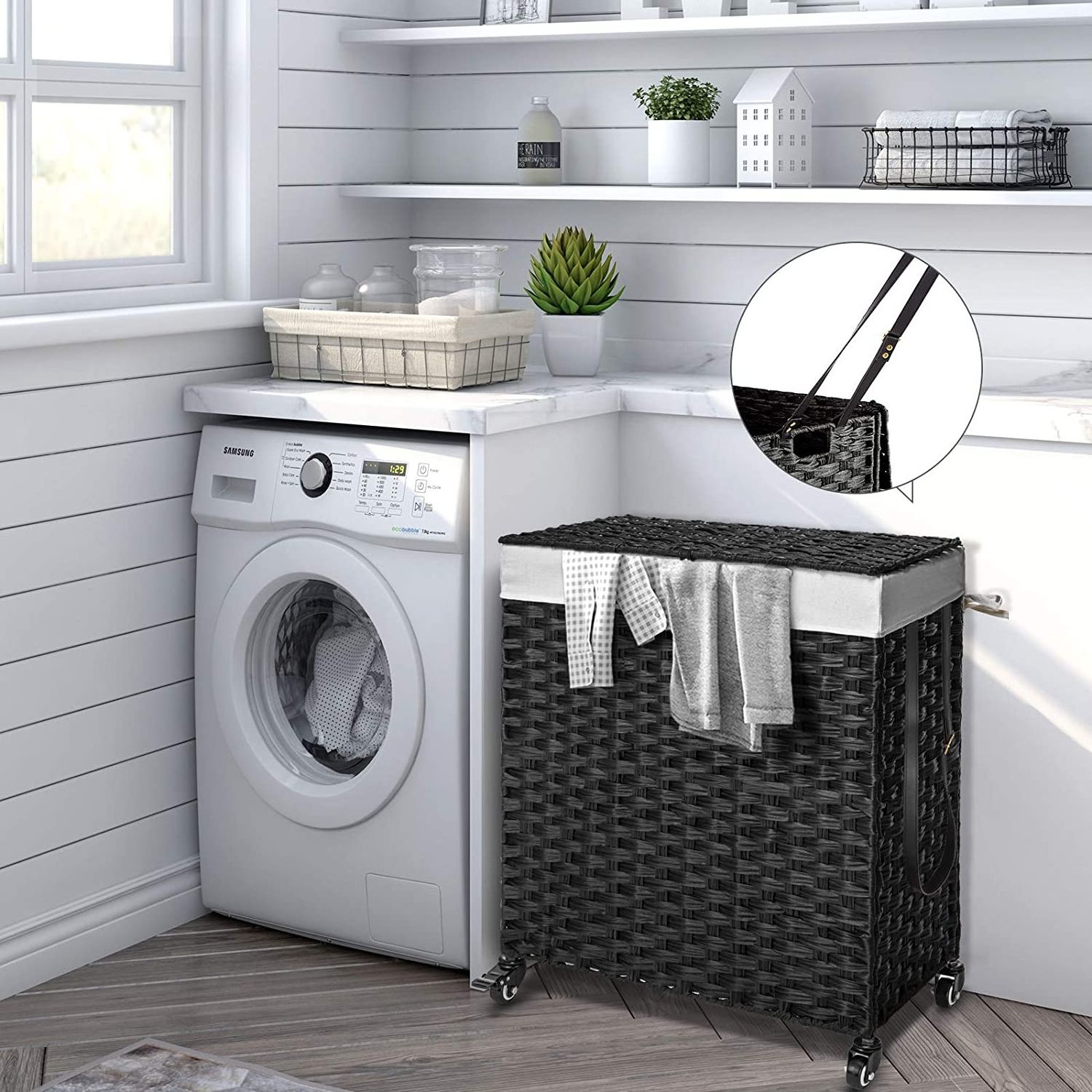 Laundry basket on wheels and 2 removable lining bags, synthetic cane laundry basket, folding, easy to install white