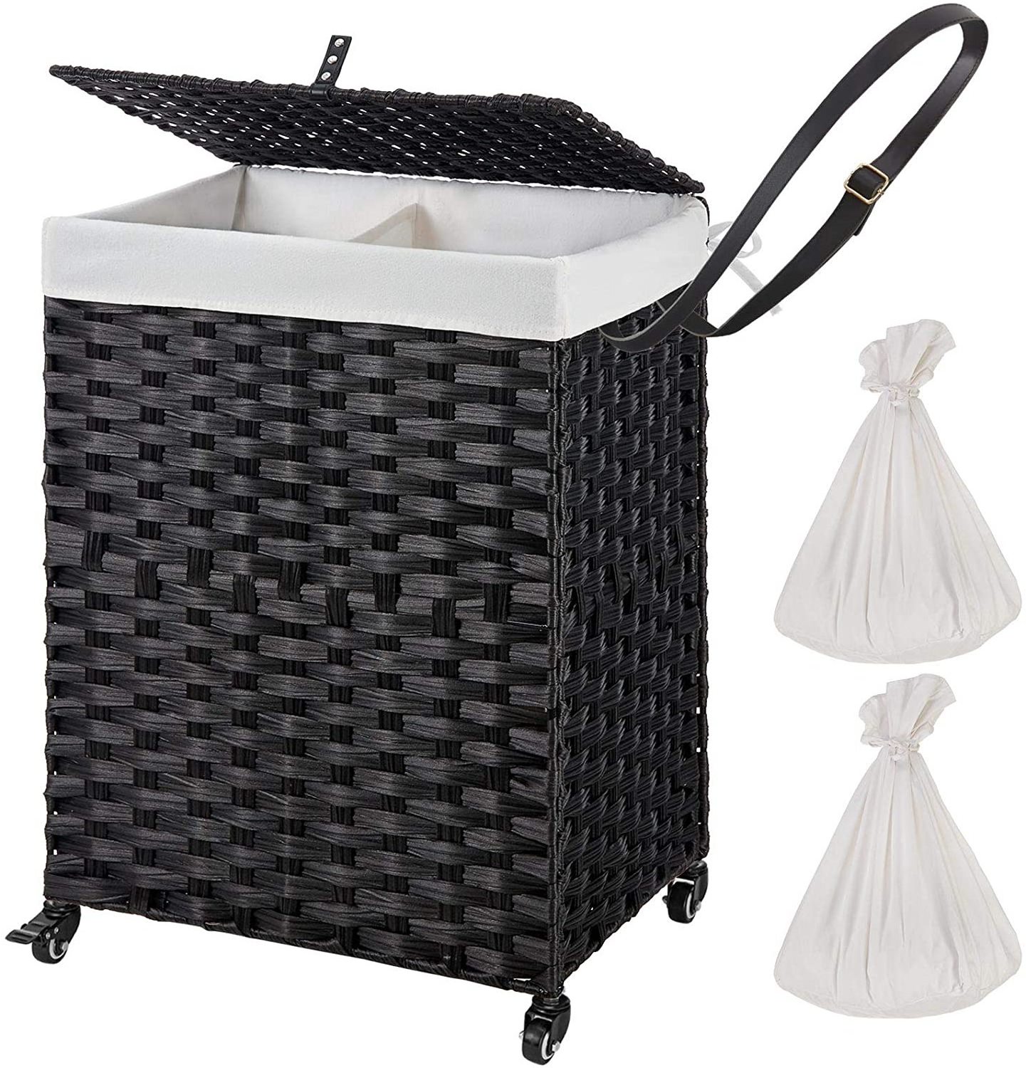 Laundry basket on wheels and 2 removable lining bags, synthetic cane laundry basket, folding, easy to install white