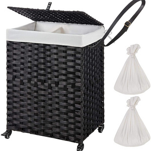 Laundry basket on wheels and 2 removable lining bags, synthetic cane laundry basket, folding, easy to install white