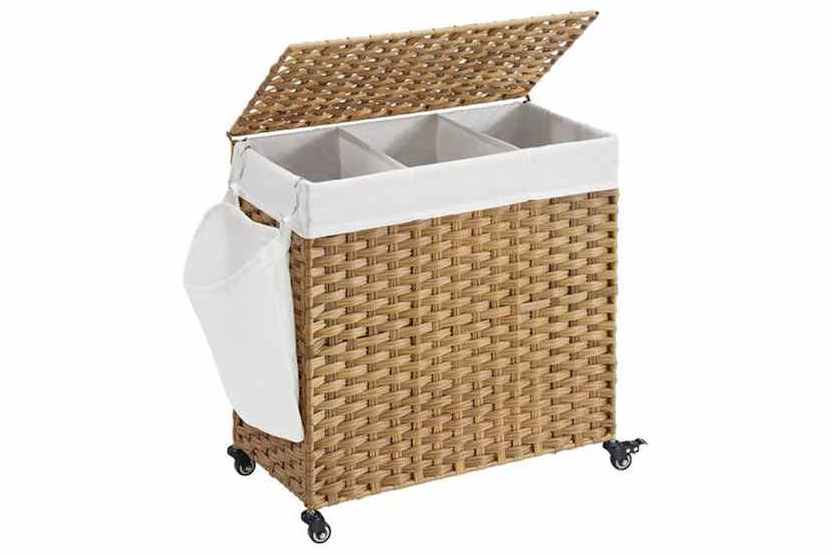 JY 90L Wicker Washing Basket Grey Ironing Linen Laundry Basket Separation Hamper White Clothes Dirty Divided Washing Basket