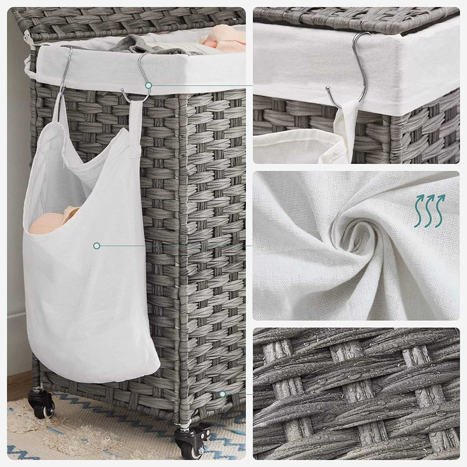 JY 90L Wicker Washing Basket Grey Ironing Linen Laundry Basket Separation Hamper White Clothes Dirty Divided Washing Basket