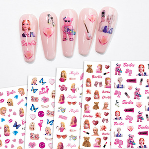 2023 New Cartoon Barbie Nail Charms Stickers Wholesale Self-adhesive 12 Designs Pink Bear Barbie Nail Sticker Kawaii Nail Charms