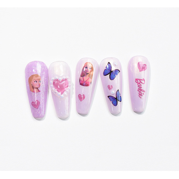 2023 New Cartoon Barbie Nail Charms Stickers Wholesale Self-adhesive 12 Designs Pink Bear Barbie Nail Sticker Kawaii Nail Charms