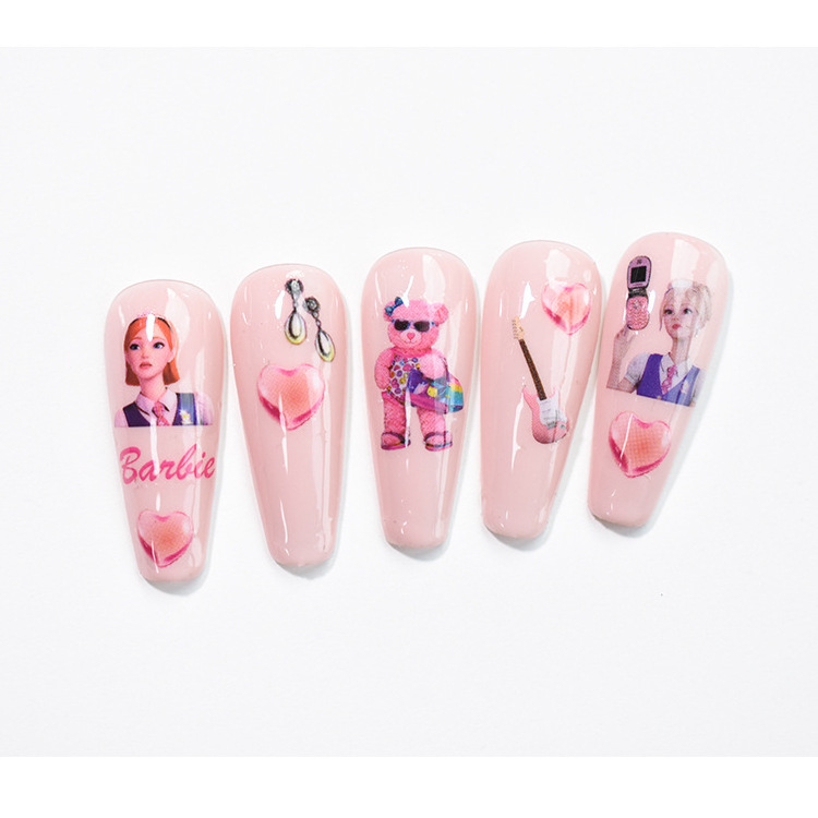 2023 New Cartoon Barbie Nail Charms Stickers Wholesale Self-adhesive 12 Designs Pink Bear Barbie Nail Sticker Kawaii Nail Charms