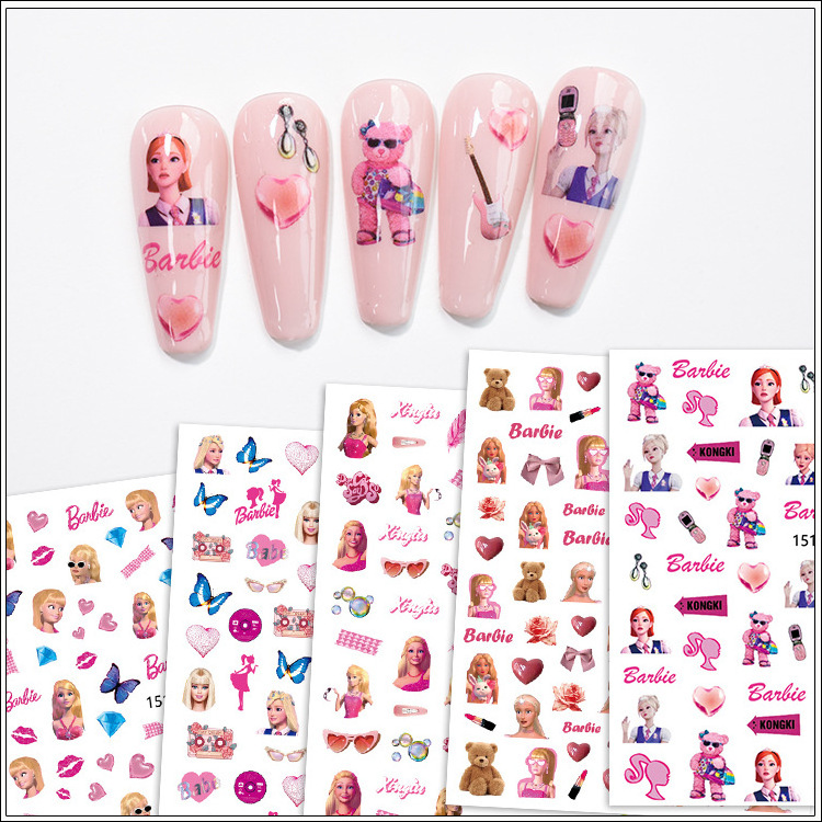 2023 New Cartoon Barbie Nail Charms Stickers Wholesale Self-adhesive 12 Designs Pink Bear Barbie Nail Sticker Kawaii Nail Charms