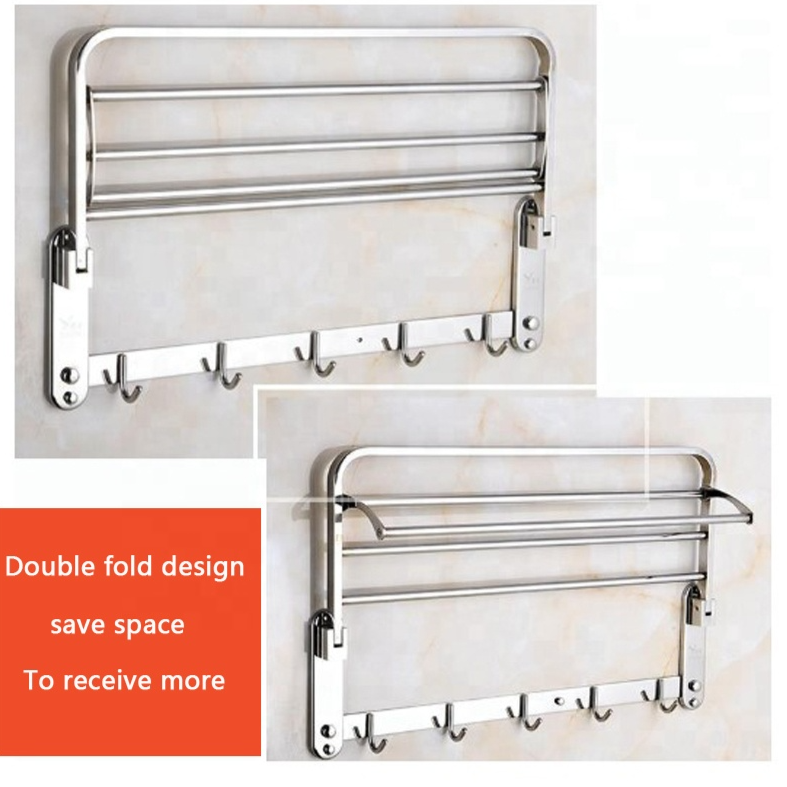 23.4 Inch 304 Stainless Steel Bath Towel Rack Washroom Accessories Foldable Wall Mounted Polished Towel Shelf With Clothes Hooks