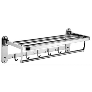 23.4 Inch 304 Stainless Steel Bath Towel Rack Washroom Accessories Foldable Wall Mounted Polished Towel Shelf With Clothes Hooks