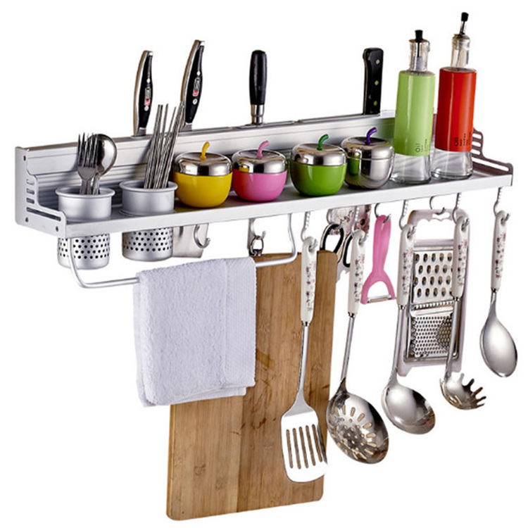 (Space Aluminum) Kitchen Wall Mounted Storage Shelf Seasoning Holder Knife Towel Removable Hooks Rack