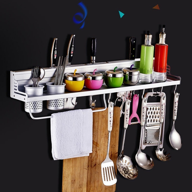 (Space Aluminum) Kitchen Wall Mounted Storage Shelf Seasoning Holder Knife Towel Removable Hooks Rack