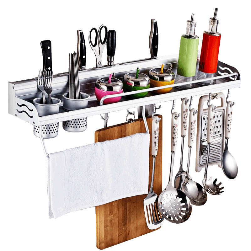 (Space Aluminum) Kitchen Wall Mounted Storage Shelf Seasoning Holder Knife Towel Removable Hooks Rack