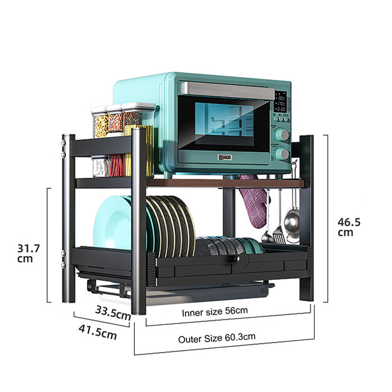 Microwave Oven Shelf with Retractable Dish Rack Storage Holders & Racks Shelf for The Microwave Stainless Steel Metal Black