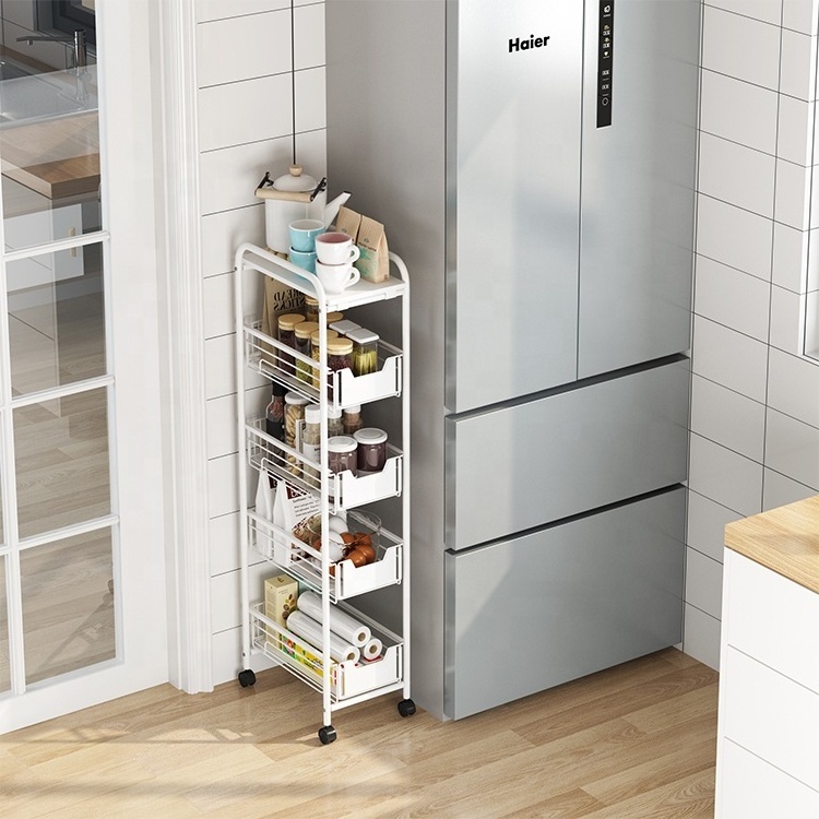 kitchen trolley island Cart Slide Out Mobile Shelving Narrow Space Corner Organizer 4 Tier Gap Storage holder Shelf with wooden