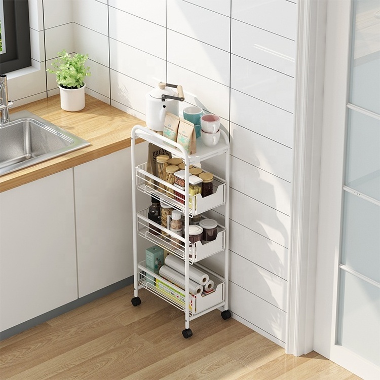 kitchen trolley island Cart Slide Out Mobile Shelving Narrow Space Corner Organizer 4 Tier Gap Storage holder Shelf with wooden