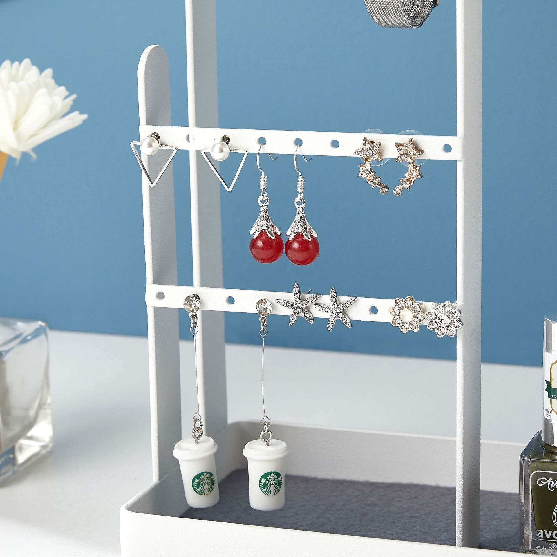 Metal earrings necklace organizers boxs storage vertical rack living room bedroom hanging wooden display shelf jewelry organizer