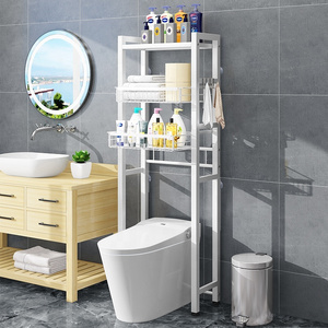 home Over The Toilet holder towel bars Storage iron Rack Metal 3 Tier Bathroom Organizer Shelf with Paper Holder 3 Hooks White