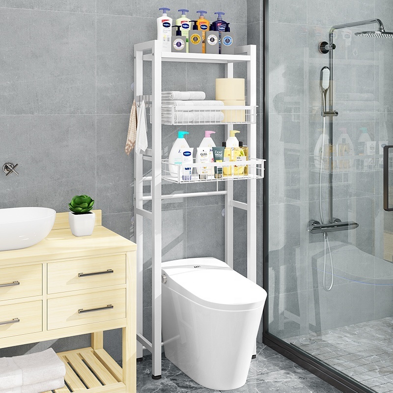 home Over The Toilet holder towel bars Storage iron Rack Metal 3 Tier Bathroom Organizer Shelf with Paper Holder 3 Hooks White