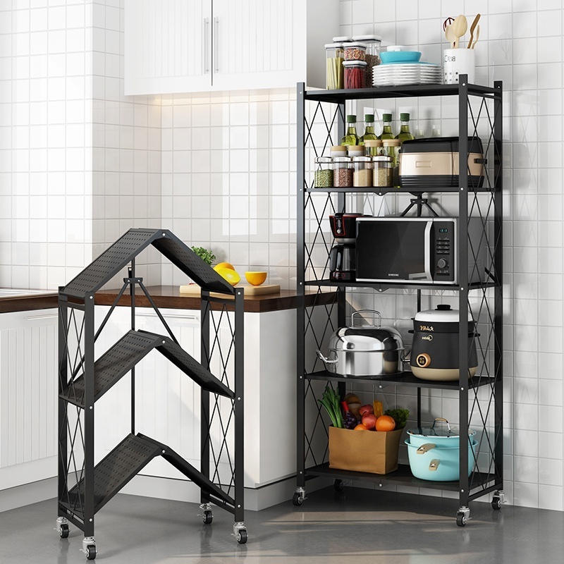 Wholesale Supply Home Black Iron Metal Wire 3/4/5 Tiers Folding Kitchen Corner Storage Shelf For Storage Kitchenware